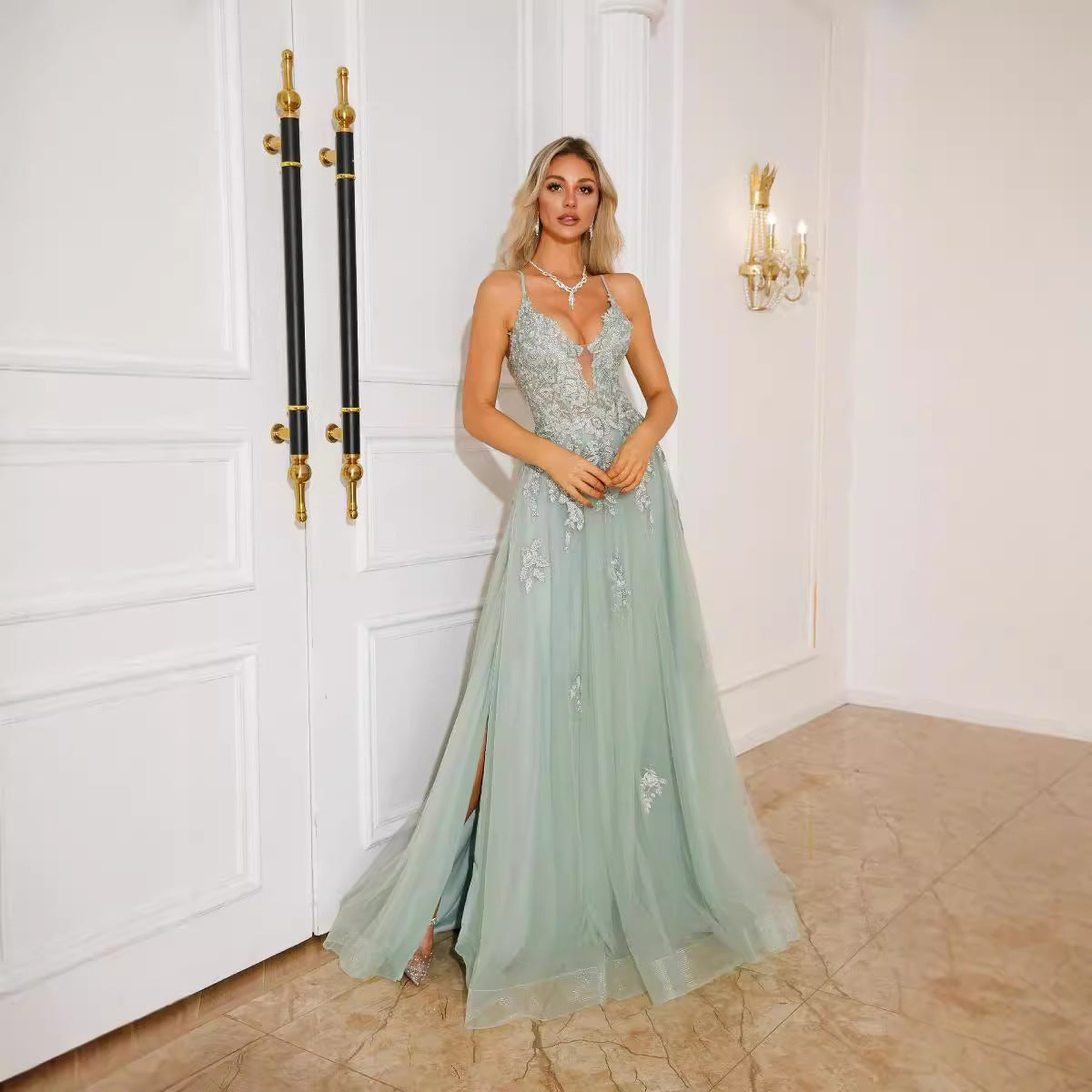 Elegant Long Suspender Evening Dress with Lace-Up Detail