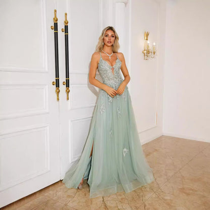 Elegant Long Suspender Evening Dress with Lace-Up Detail