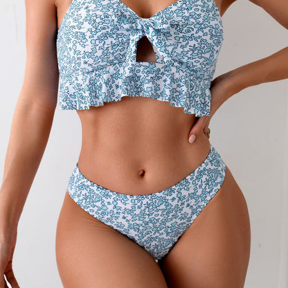 Floral Bow Ruffled Spaghetti Straps Briefs Split Bikini Three-piece Set