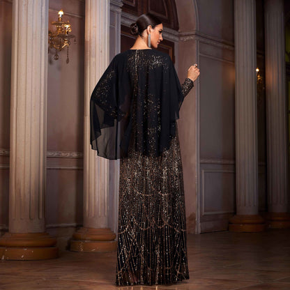 Elegant Long Sleeve Round Neck Sequined A-Line Evening Dress with Shawl – Black &amp; Gold