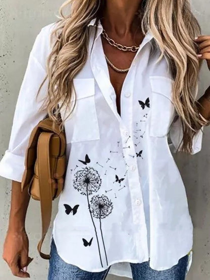 Women's Loose Flower Print Long-sleeved Shirt