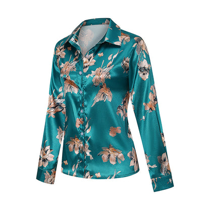 Women’s Elegant Satin Lapel Long Sleeve Shirt – Tapered Waist Design with Luxurious Sheen