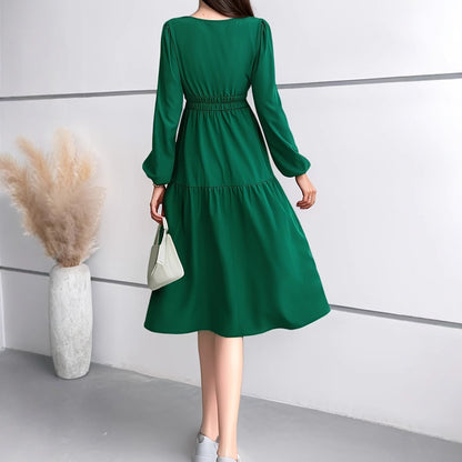 V-neck Solid Color Long Sleeve Waist Dress
