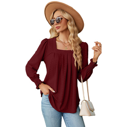 New Jacquard Pleated Square Neck T-shirt Fashion Solid Color Long Sleeve Pullover Tops Womens Clothing