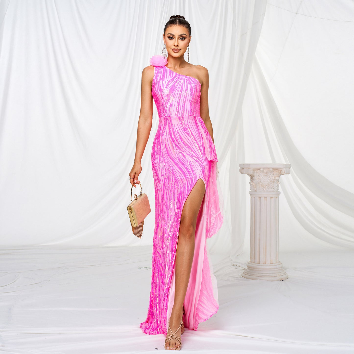 One-Shoulder Sequined Slit Evening Dress – Rose Red High-Waist Long Dress