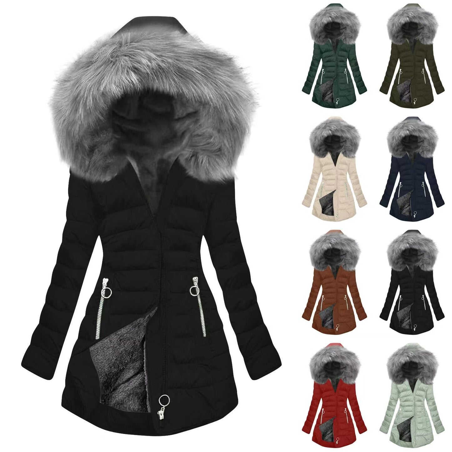 Women’s Thick Cotton Winter Coat with Fur Collar & Goose Down