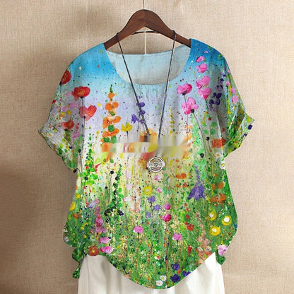 New Short-sleeved T-shirt Flower And Plant Painting 3D Digital Printing Top