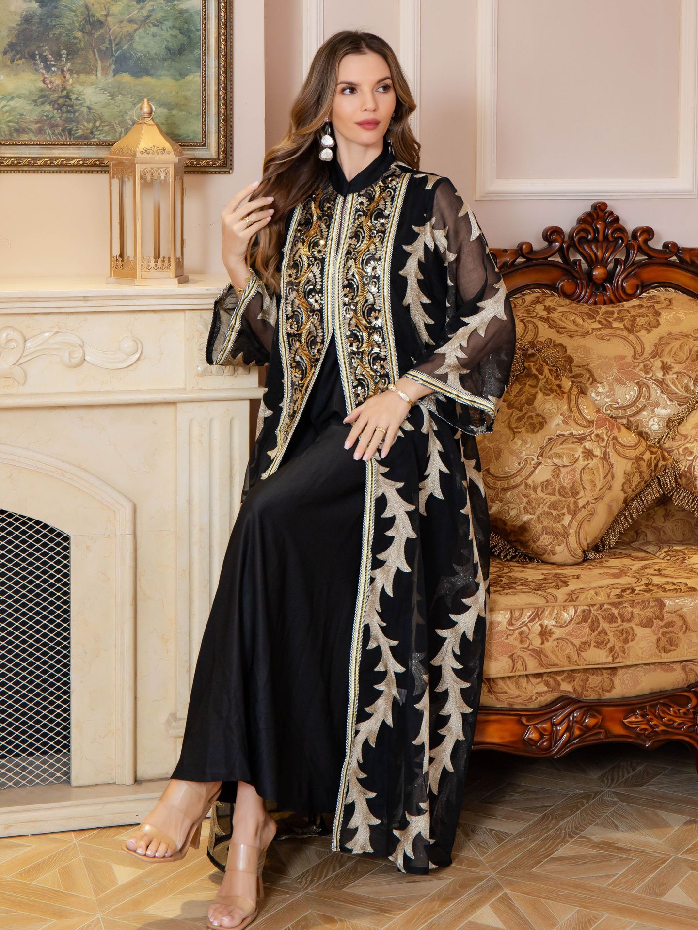 Women’s Heavy-Duty Mesh Embroidered Long Dress – Floor-Length Long Sleeve Elegant Dress