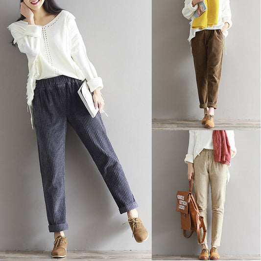 Large Size Women's Art Fan Xian Thin Corduroy Pants Autumn And Winter Loose Casual Trousers