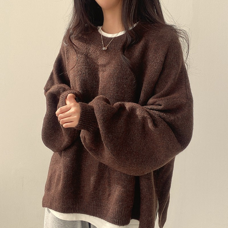 Crewneck Lantern Sleeve Oversized Wool Sweater for Women
