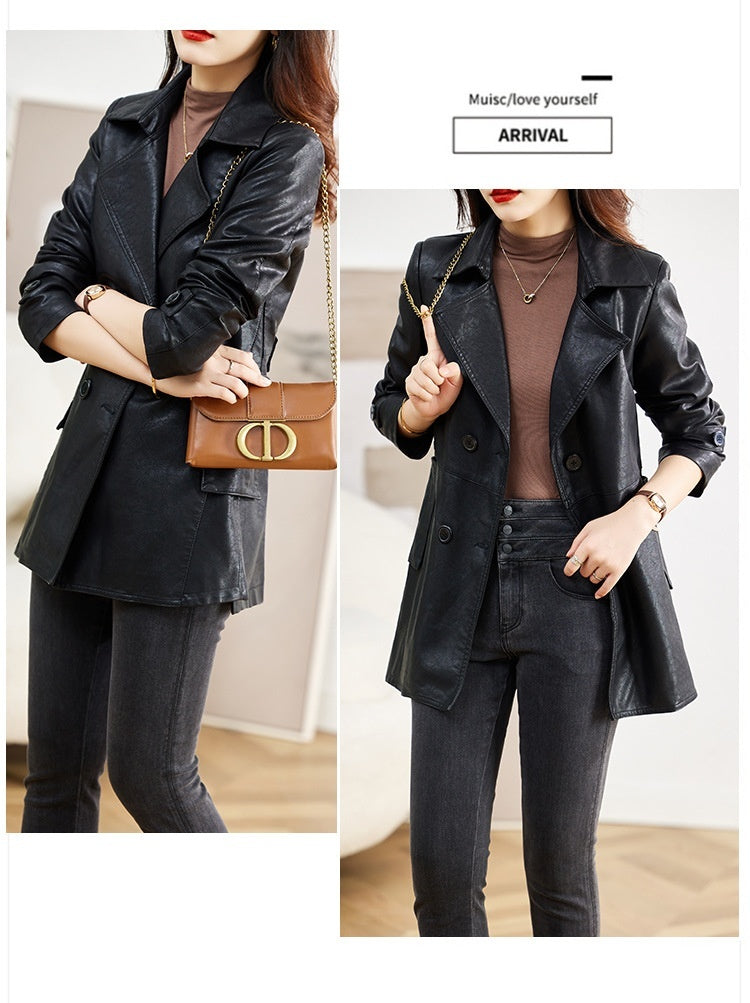 Women’s Mid-Length Sheepskin Leather Coat – Elegant Spring & Autumn Outerwear