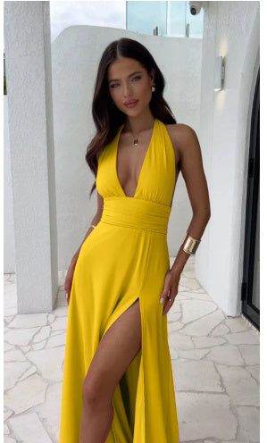 Women's Sexy Halterneck V-Neck Slit Dress - Backless Summer Fashion