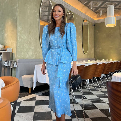 Womens Crew-neck Printed Top And Skirt Set