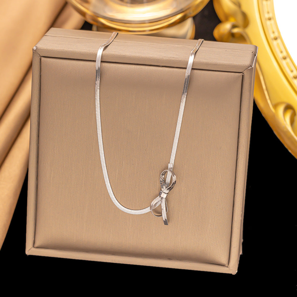 Gold Plated Stainless Steel Snake Chain Necklace with Bowknot Charm - Trendy Choker for Women