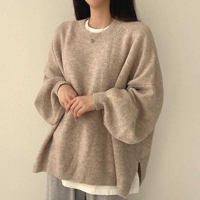 Temperament Crew Neck Pullover Lantern Sleeve Sweater for Women