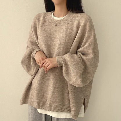 Temperament Crew Neck Pullover Lantern Sleeve Sweater for Women