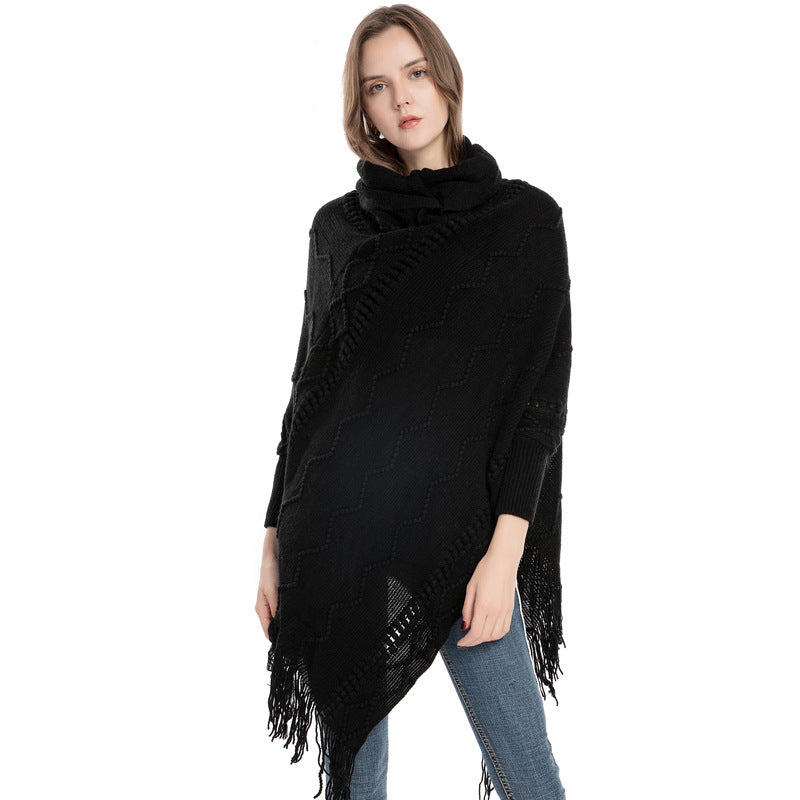 Acrylic Fringed Sweater High Collar Warm Sleeve Pullover Cloak - myETYN