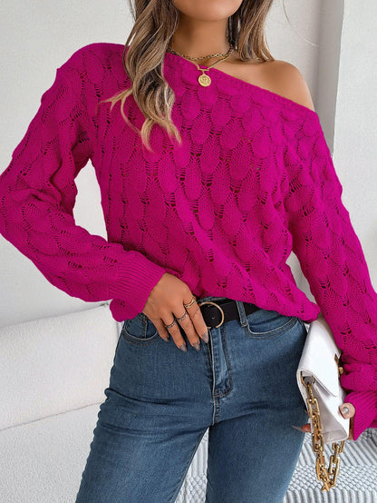 Hollow-out Off-neck Off-the-shoulder Lantern Sleeve Sweater