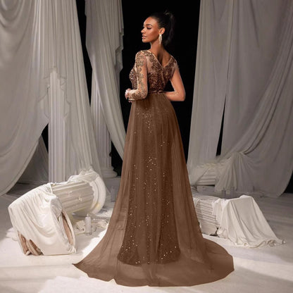 Women’s Lace Party Evening Dress – Long Sleeve Mid-Waist Maxi Gown