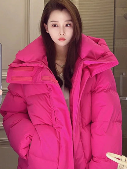 Women's Mid-length Candy Color Hooded Thickened Down Jacket