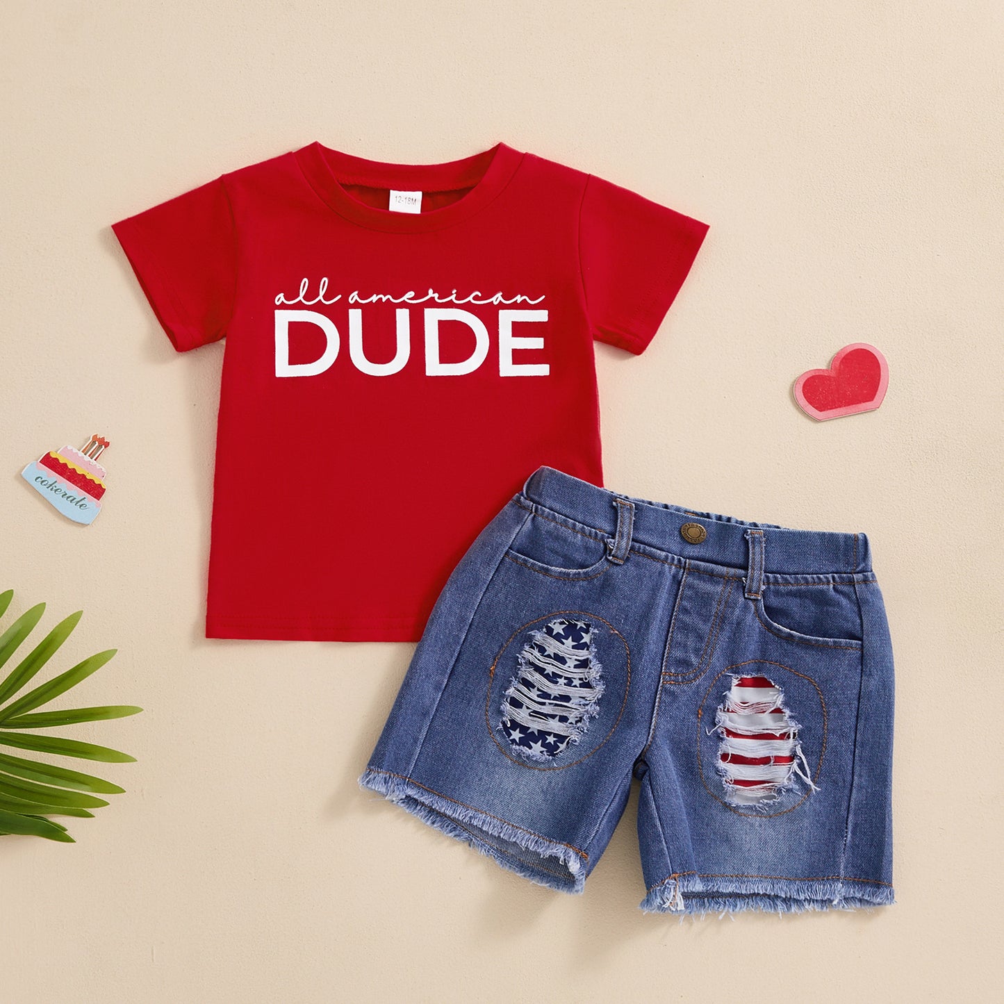 Boys' Letter Print Short-sleeve T-shirt Denim Shorts Two-piece Set