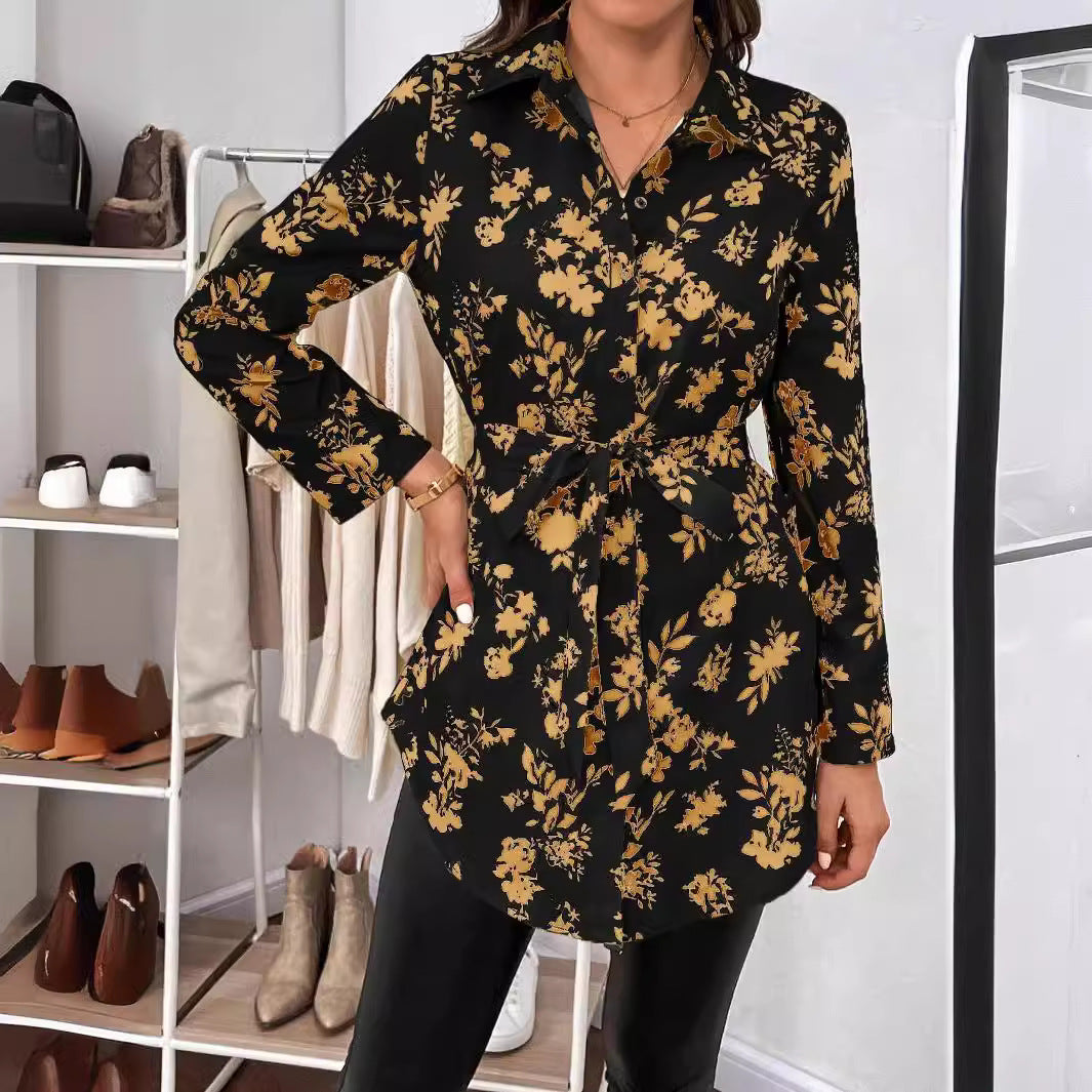 Spring And Summer New Elegant Women's Floral Print Belt Long Sleeve Shirt