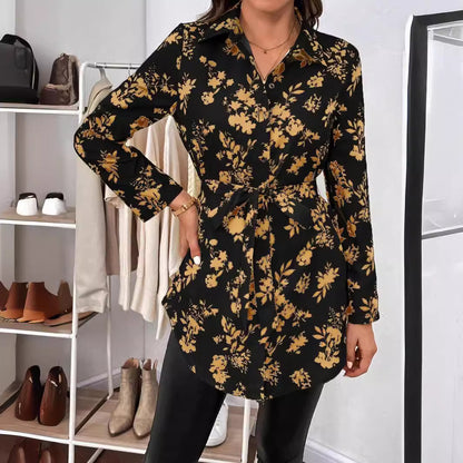 Spring And Summer New Elegant Women's Floral Print Belt Long Sleeve Shirt