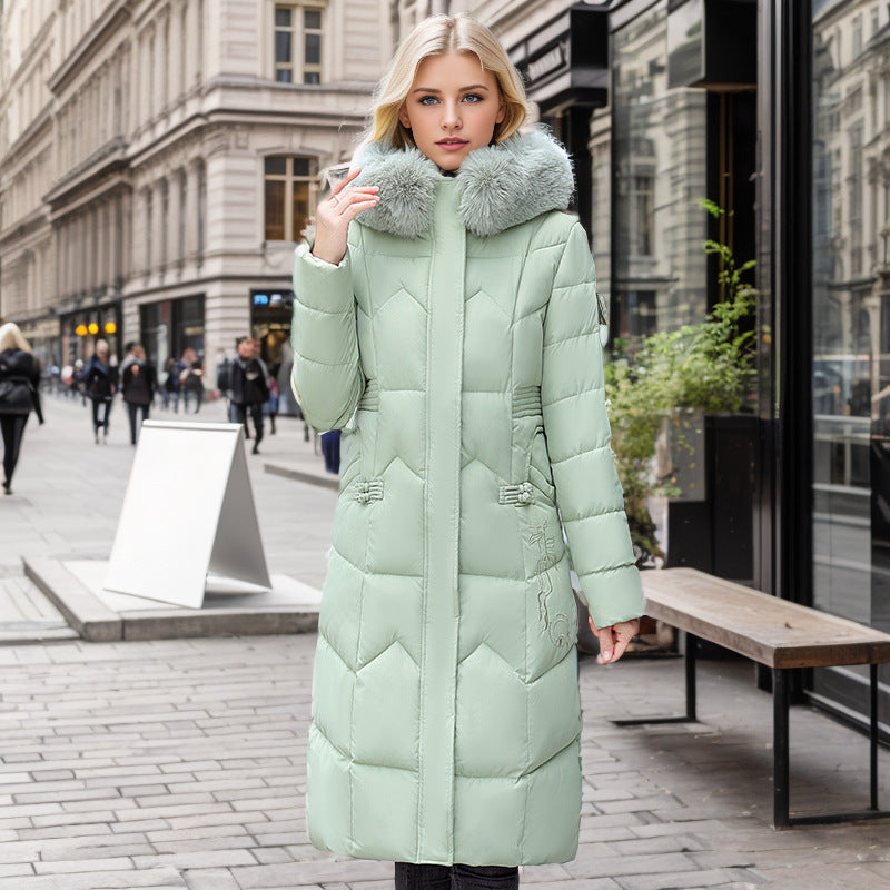 Women’s Winter Long Coat with Thickened Fur Collar – Slim Cotton-Padded Jacket