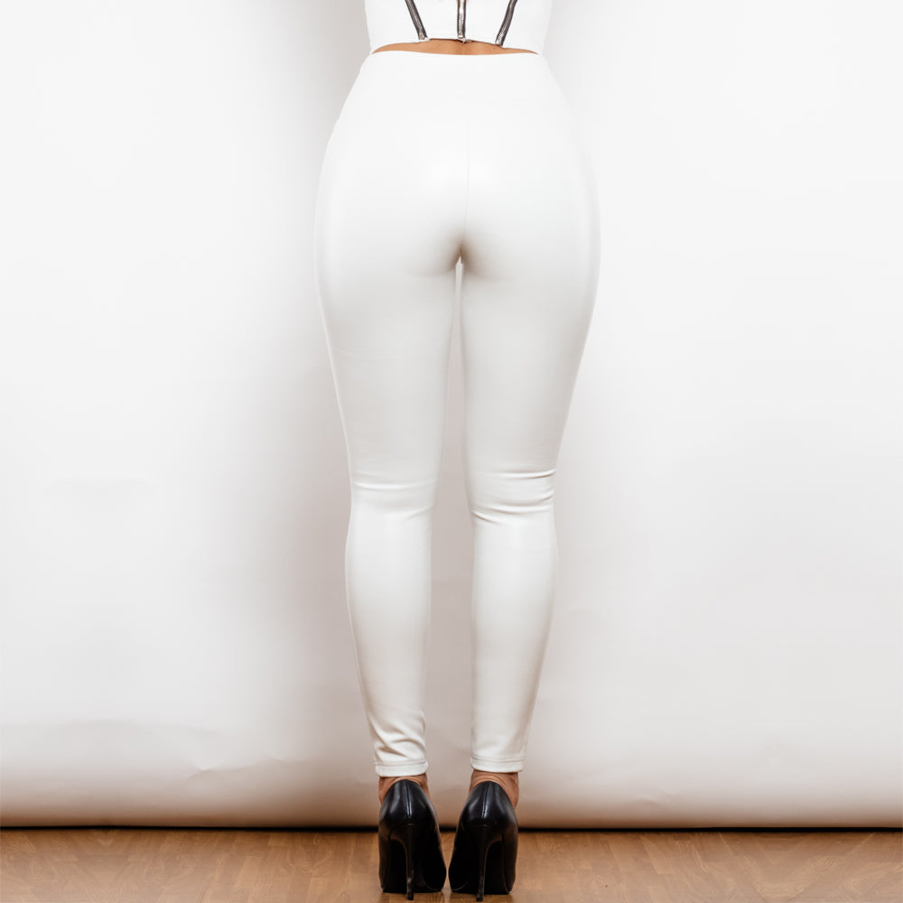 Shascullfites Melody X Cross Solid White High Waist Leather V Shape Leggings Leather Pants X Cross Pants Leather Leggings - myETYN