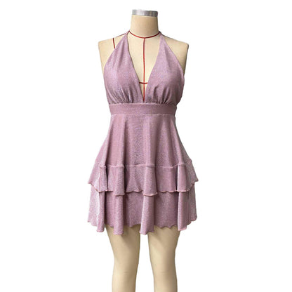 Women's Sparkly Halter Deep V Neck Backless Ruffle Sleeveless Sexy Mini Dress