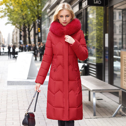 Women’s Winter Long Coat with Thickened Fur Collar – Slim Cotton-Padded Jacket