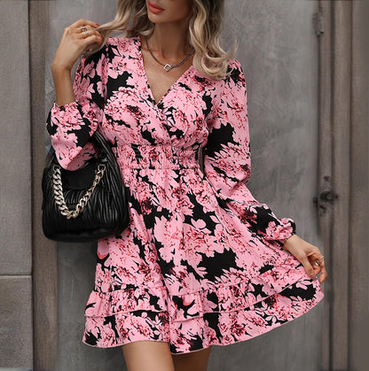 Women's Elegant Printed Lantern Sleeve A-Line Dress V-Neck, Ruffled Gathered Waist Detail, Flowy Midi Dress For Casual & Formal Occasions