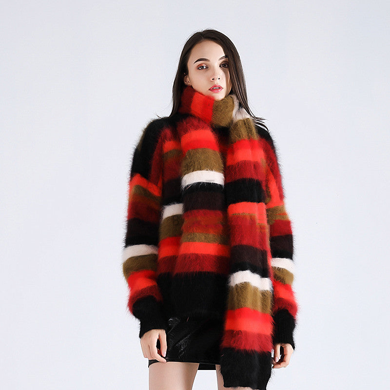 Round Neck Loose Color-Block Sweater with Scarf