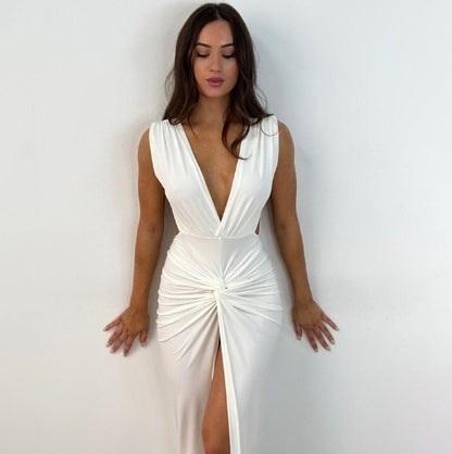 Elegant V-Neck Halter Backless Pleated High Waist Dress