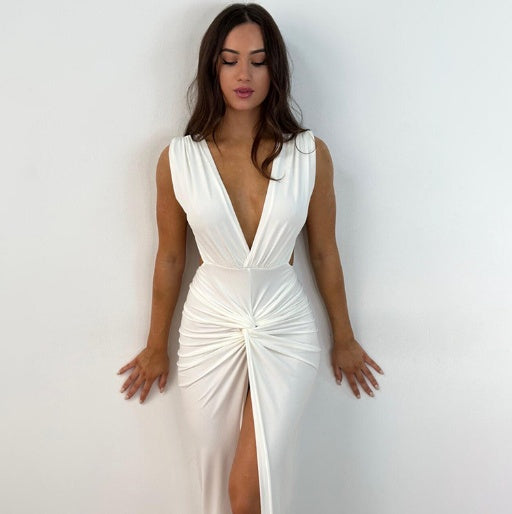 Elegant V-Neck Halter Backless Pleated High Waist Dress