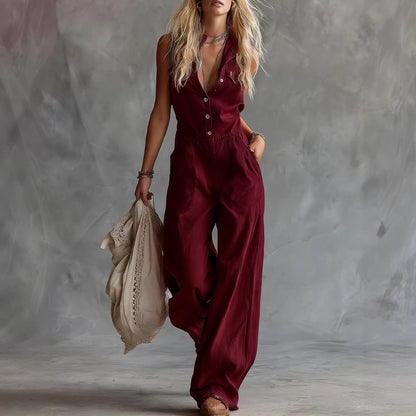 Women’s Solid Color Sleeveless V-Neck Button Jumpsuit