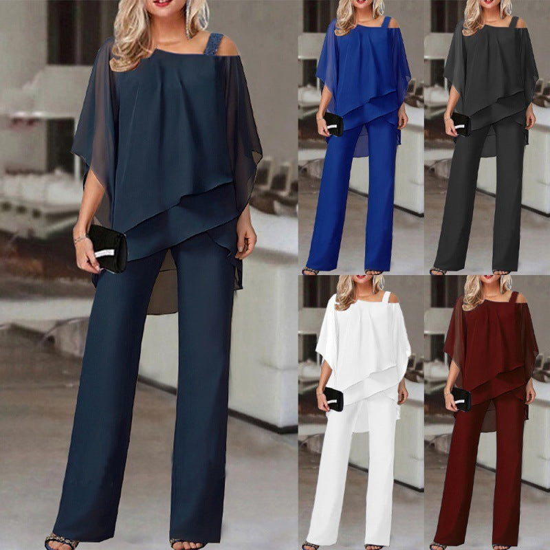 Solid Loose Irregular Suits Batwing Sleeve Top And Straight Trousers Outfits Womens Clothing