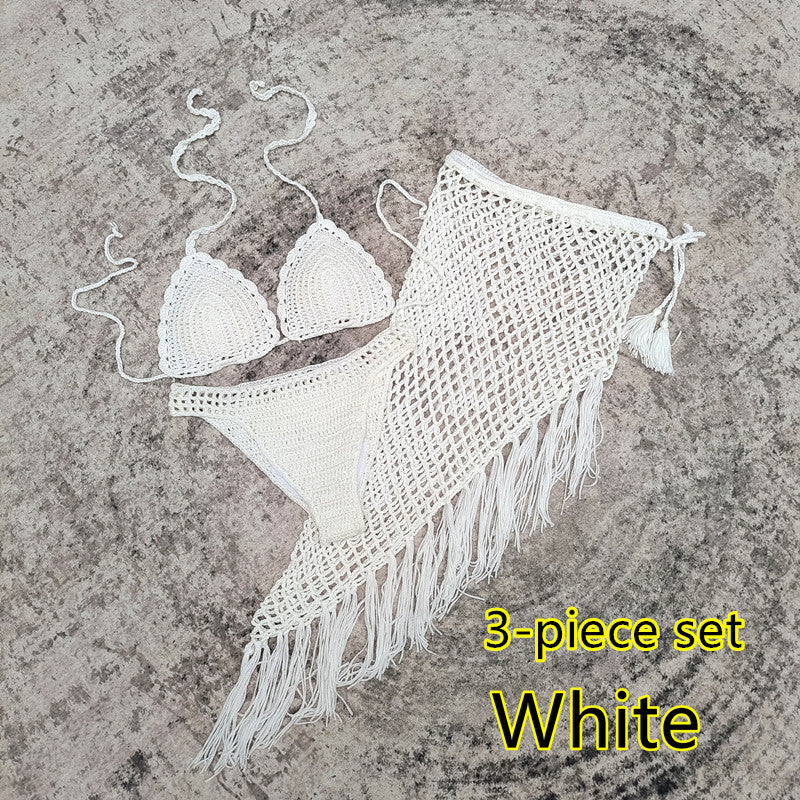 3-piece European And American Handmade Crochet Bikini Beach Skirt Swimsuit Suit