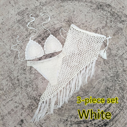 3-piece European And American Handmade Crochet Bikini Beach Skirt Swimsuit Suit