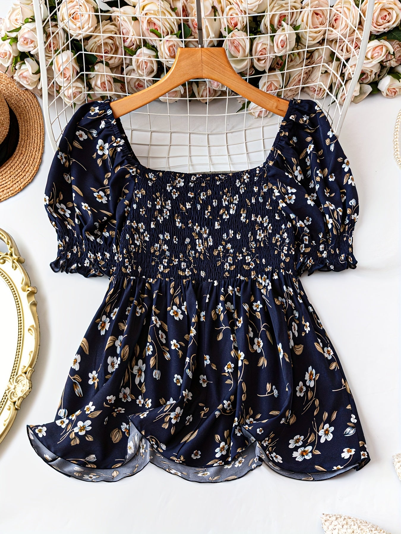 Women's Plus Size Elegant Floral Print Blouse - Summer Square Neck Short Sleeve Waist-Cinched Top For Work & Vacation