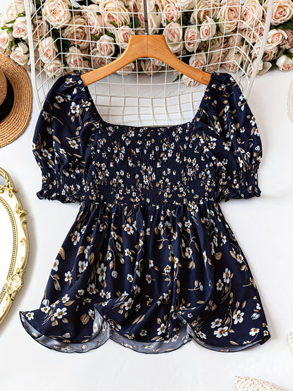 Women's Plus Size Elegant Floral Print Blouse - Summer Square Neck Short Sleeve Waist-Cinched Top For Work & Vacation