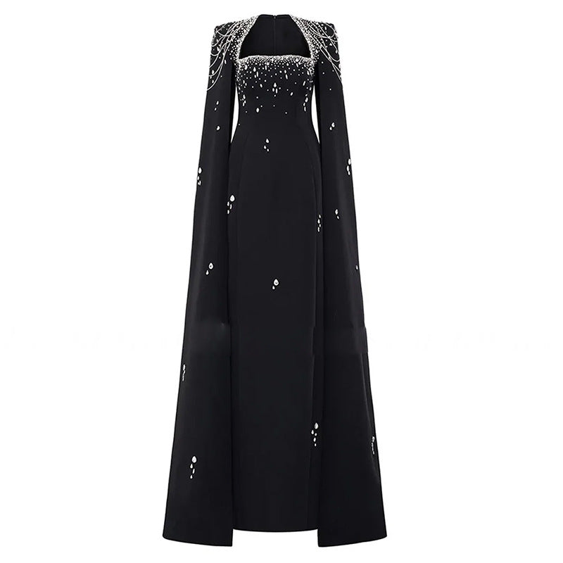 Beaded Lanyard Shawl Sleeve Floor-Length Dress