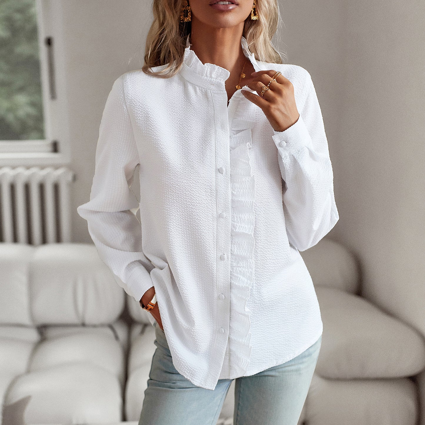 Women’s Striped Ruffle Blouse – Elegant Long Sleeve Button-Up Office Shirt