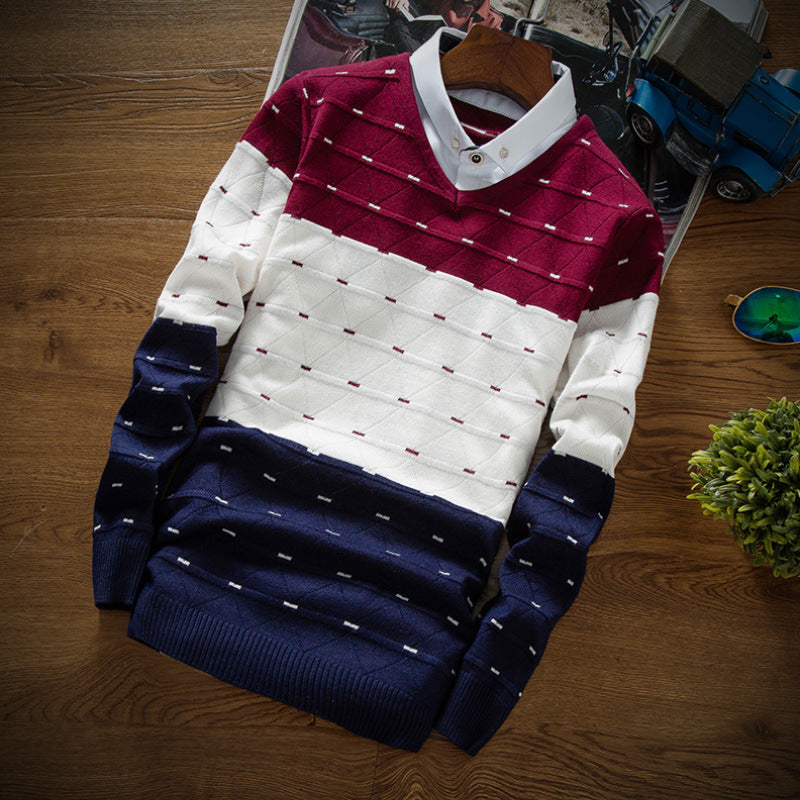 Men's Knitted Sweater Fake Two-piece Shirt Collar Sweater Men - myETYN