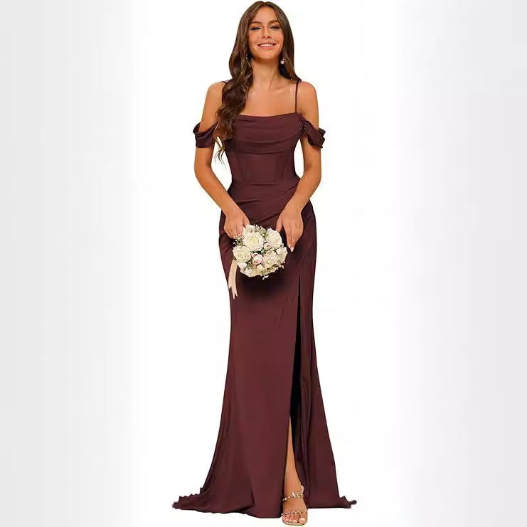 Elegant Off-the-Shoulder Satin Corset Ball Gown for Bridesmaids