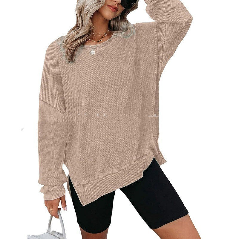 Round Neck Long Sleeve Side Slit Waffle Sweater