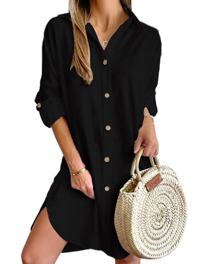 Autumn Leisure Long Sleeve Lapel Button Shirt Dress Womens Clothing