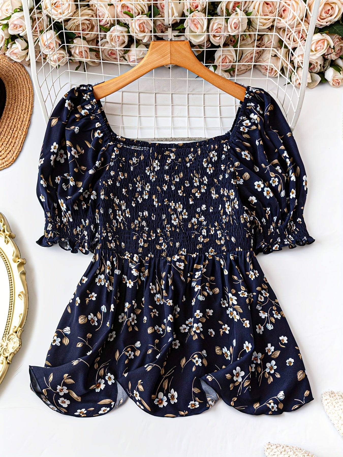 Women's Plus Size Elegant Floral Print Blouse - Summer Square Neck Short Sleeve Waist-Cinched Top For Work & Vacation