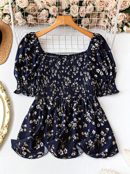 Women's Plus Size Elegant Floral Print Blouse - Summer Square Neck Short Sleeve Waist-Cinched Top For Work & Vacation