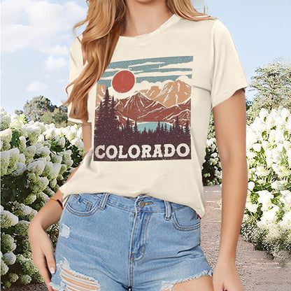 Women's Round Neck Short Sleeve T-Shirt - Sun Over Mountains & 'COLORADO' Print, Casual Summer Tee